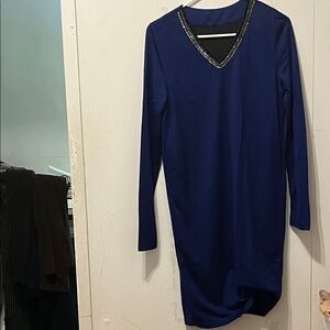 Chic Long Sleeve Blue Dress with Embellished Neckline